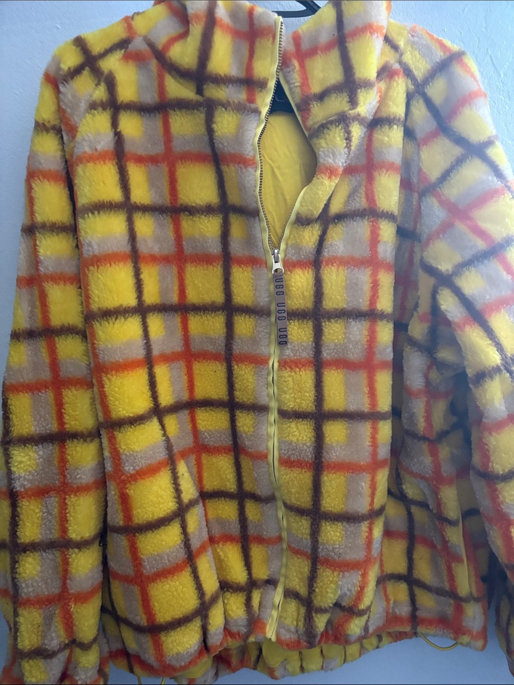 UGG Yellow Plaid Fleece Puffer Jacket with Orange & Brown Check